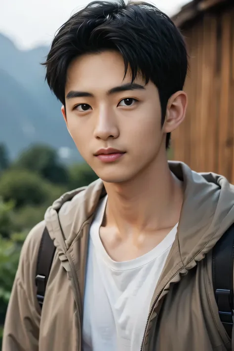  male、Japanese、handsome、 short hair、 facing the front、  mountaineer