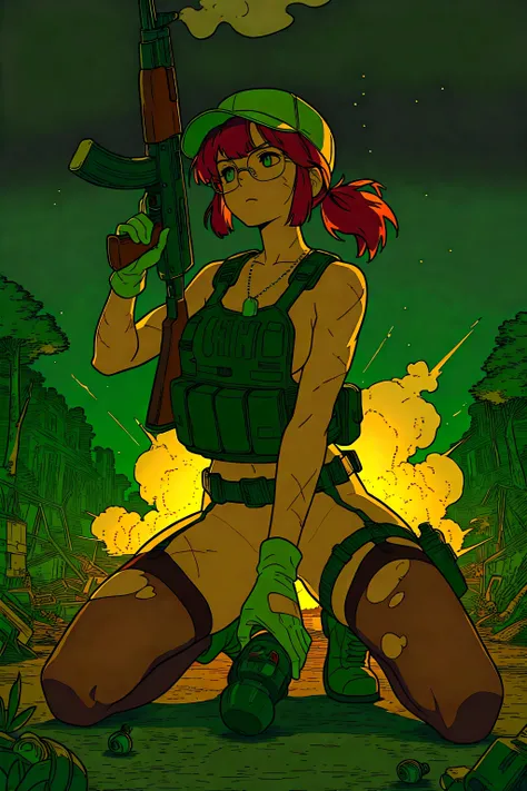 (​masterpiece, top-quality, hight resolution, Unity 8k, extremely details CG:1,Best Picture), Fio Germi-Metal Slug, with glasses, con dog tags, cap,  Redhaired , in a wasteland,  medium breasts , pose sexy, military thigh strap, military belt on the hip, n...