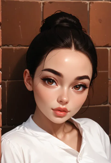 old brick wall, ((perfect face)), top knot hair, black hair, (forehead), black eyebrows, (thin eyebrows), brown eyes, nose, (thick lips), ((female beautiful)), v-neck shirt, white shirt