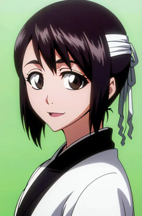 Masterpiece, top quality , one girl from the side , romantic love , black hair, single ,straight long hair, brown eyes, kimono, white sleeveless coat ,Captain's coat without white sleeves, black kimono , smile, alone, I'm looking for , simple background ,
