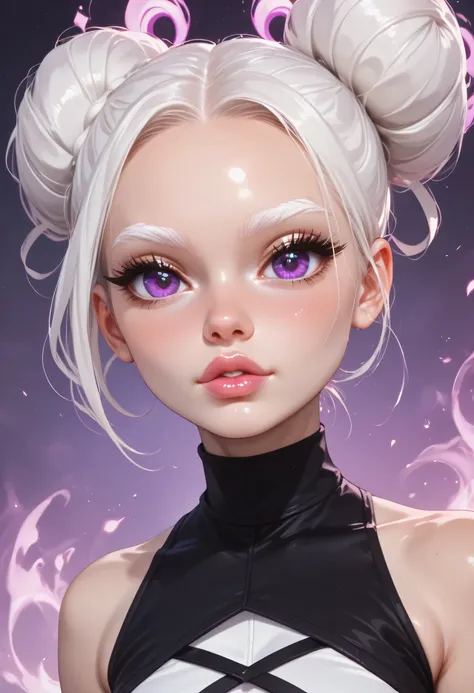 (1girl), (perfect face), ((white hair bun knot top)), (forehead), ((white natural eyebrows)), (((big glowing purple eyes))), (((black eyeliners))), (pink blush), ((nose, bright black thick lips)), (beautiful girl), (((looking at viewer))), (crop top)