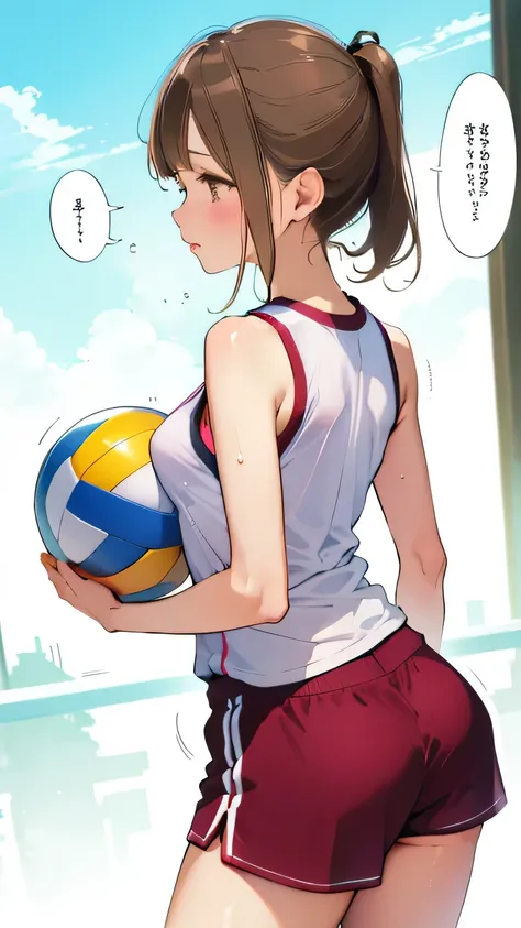2girls absurdres ass ball breasts brown_eyes brown_hair gym_shorts highres holding holding_ball koh_(minagi_kou) large_breasts long_hair multiple_girls original ponytail red_shorts shirt short_hair shorts siblings sisters sleeveless sleeveless_shirt speech...
