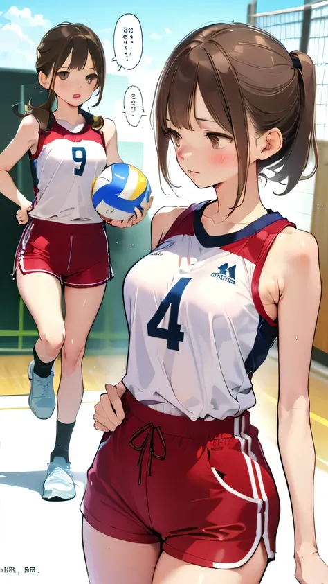 2girls absurdres ass ball breasts brown_eyes brown_hair gym_shorts highres holding holding_ball koh_(minagi_kou) large_breasts long_hair multiple_girls original ponytail red_shorts shirt short_hair shorts siblings sisters sleeveless sleeveless_shirt speech...