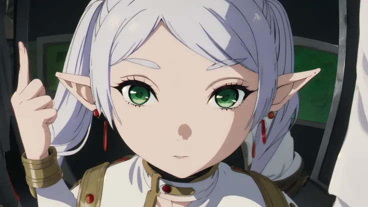 close up,,, twintails, very long hair, silver hair, pointy ears, elf, white capelet, green eyes,  black pantyhose, earrings, white skirt, belt, white sleeves  hand in frame ,middle finger,360  fisheye, 