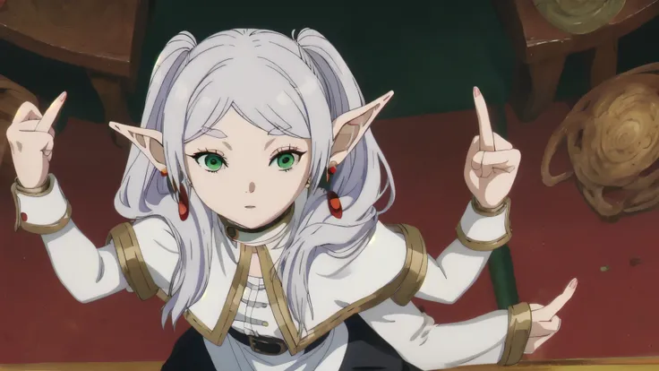 close up,,, twintails, very long hair, silver hair, pointy ears, elf, white capelet, green eyes,  black pantyhose, earrings, white skirt, belt, white sleeves  hand in frame ,middle finger,360  fisheye, 