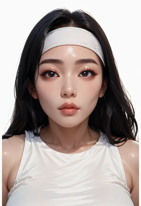Perfect Face, Perfect Body, (Female Asian, Face Asian), Black Hair, Long Hair, (White Band Head), Black Thin Eyebrows, Black Eyes, Lips Without Makeup, (White Tank Top), (Medium Breasts, Perfect Breasts), Looking At Me, (White Background)