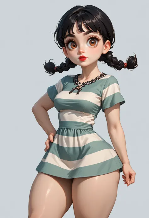 simple background, 1girl, twin braids, black hair, black eyebrows, thin eyebrows, big eyes, lightest brown eyes, thick lipstick, perfect face, beautiful girl, medium breasts, striped round tunic dress, hand on hip, (thick thighs:1.3)