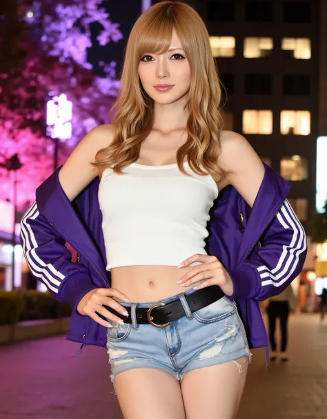 Photorealistic, high-resolution evening portrait of a stylish young gal woman with bright blonde, gently wavy, long hair parted to one side. She wears distinctive gal-style makeup, large expressive eyes with bold eyelashes, sharp black eyeliner, pale skin,...