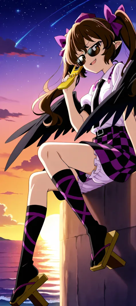 absurdres, highres, masterpiece, best quality, amazing quality, official anime artwork, screencap, anime screencap, outdoors, looking at viewer, smug smirk, open mouth, dynamic pose, himekaidou hatate, 1girl, solo, brown eyes, brown hair, twintails, long h...