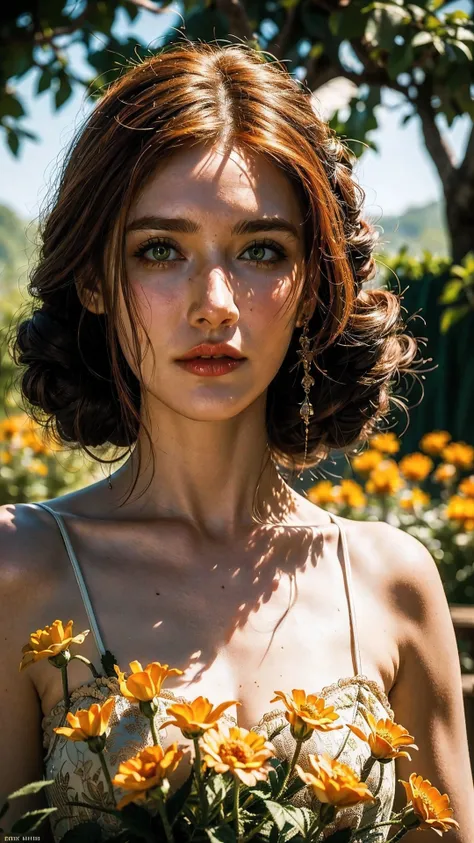 triss marigold, witcher the wild hunt, exploring stance, wondering looks in a garden, detailed portrait, beautiful woman, long red hair, emerald eyes, mysterious expression, intrigued pose, lush garden, blooming flowers, sunlit ambiance, serene atmosphere,...
