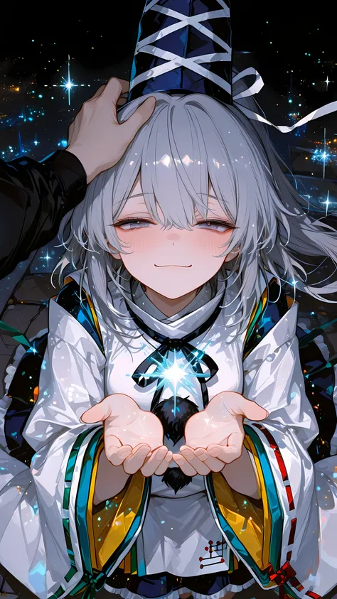 748cmstyle, lazypos, sfw, mononobe no futo, 1girl, solo, grey eyes, grey hair, long hair, ponytail, hat, ribbon, japanese clothes, shirt, skirt, wide sleeves, long sleeves, BREAK beautiful eyes, sparkling eyes, sparkles flying past viewer, floating hair, h...