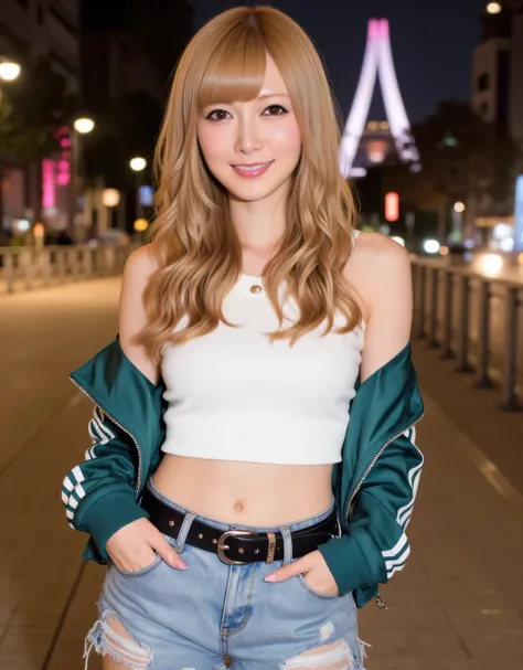 Photorealistic high-resolution evening portrait of a stylish young woman with long, vibrant blonde hair gently wavy and parted to one side. She wears a distinctive gyaru makeup, large expressive eyes, thick eyelashes, sharp black eyeliner, pale skin and gl...