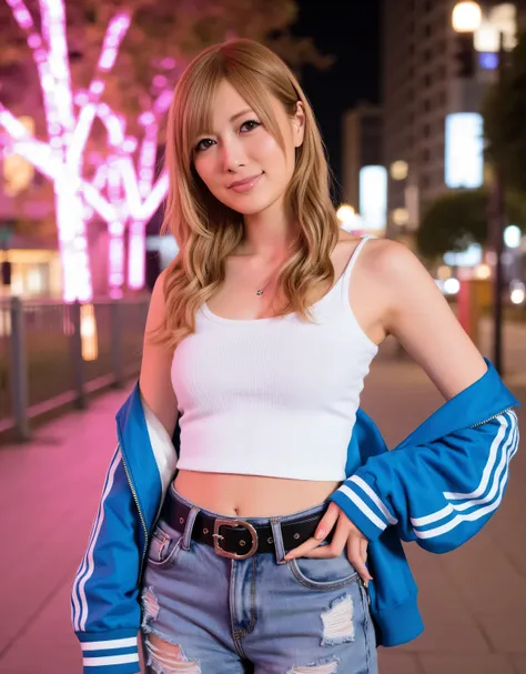 Photorealistic, high-resolution evening portrait of a stylish young gal woman with bright blonde, gently wavy, long hair parted to one side. She wears distinctive gal-style makeup, large expressive eyes with bold eyelashes, sharp black eyeliner, pale skin,...