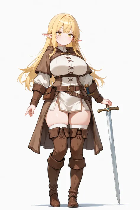 elf girl, large breasts, solo, young short:1.1, yellow eyes, long hair, brown adventurer outfit, white background, full body, miniature