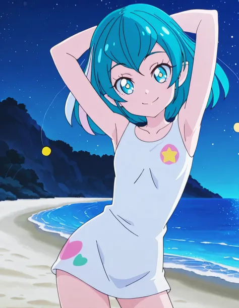 hagoromolala, hagoromolala, lalapajamas, white shirt, sleeveless, small breast, anime screencap, high quality, closed mouth, solo, cowboy shot, night sky, beach, hands behind head, ((contrapposto)), looking at viewer, smile, best quality,