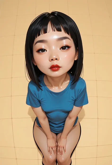 Perfect Face, (Female Asian, Face Asian), Black Hair, Short Bangs, Black Normal Eyebrows, Black Eyes, Red Lips, (Small Breasts), (Blue T-Shirt), From Above