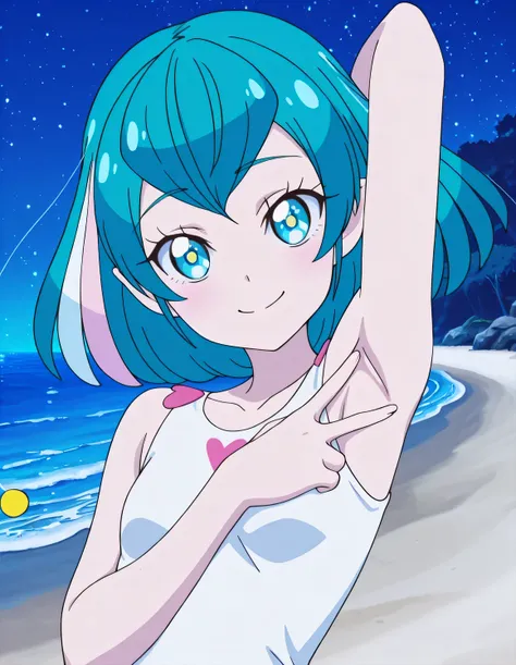 hagoromolala, lalapajamas, white shirt, sleeveless, small breast, anime screencap, high quality, closed mouth, solo, upper body, night sky, beach, <lora:spread-armpit-illustriousxl-lora-nochekaiser:1>, spread armpit, armpits, armpit focus, v, ((contrappost...