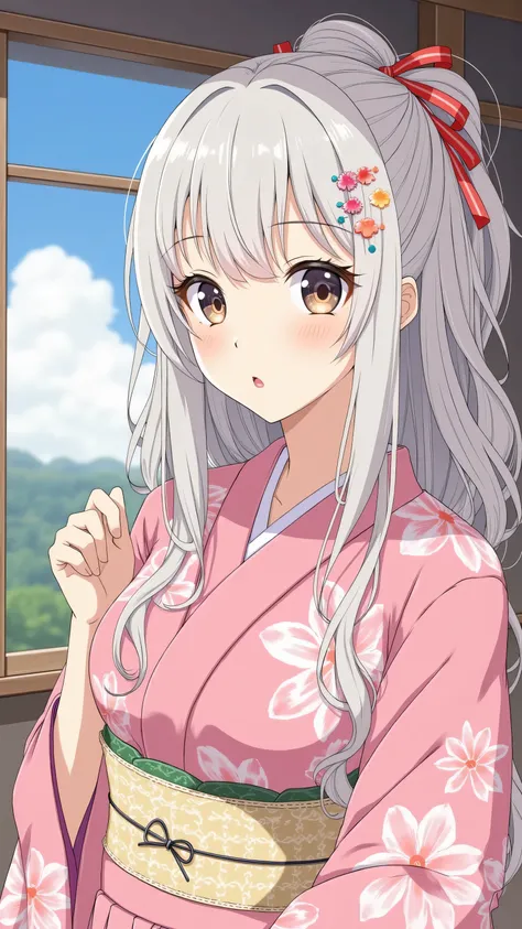 high resolution images in 、 (Beautiful Eyes、Look at every detail、multi-colored hair under arms)、Kimono that looks like a yukata、Woman looking out the window 海辺の宿ように見えるhigh resolution images in front of the teacher、 カラフルなThe Beauty of Kimonos 、顔のDetails、Hig...