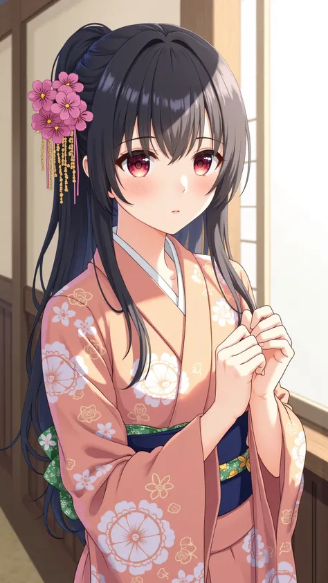 high resolution images in 、 (Beautiful Eyes、Look at every detail、multi-colored hair under arms)、Kimono that looks like a yukata、Woman looking out the window 海辺の宿ように見えるhigh resolution images in front of the teacher、 カラフルなThe Beauty of Kimonos 、顔のDetails、Hig...