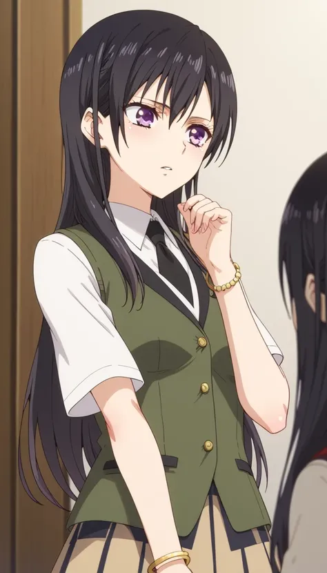 Mei Aihara, long hair, black hair, purple eyes, medium breasted, Falda, shirt, uniform escolar, shirt blanca, mangas cortas, Falda plisada, vest,  squares , Falda a  squares , Falda marrón, bracelet, room 