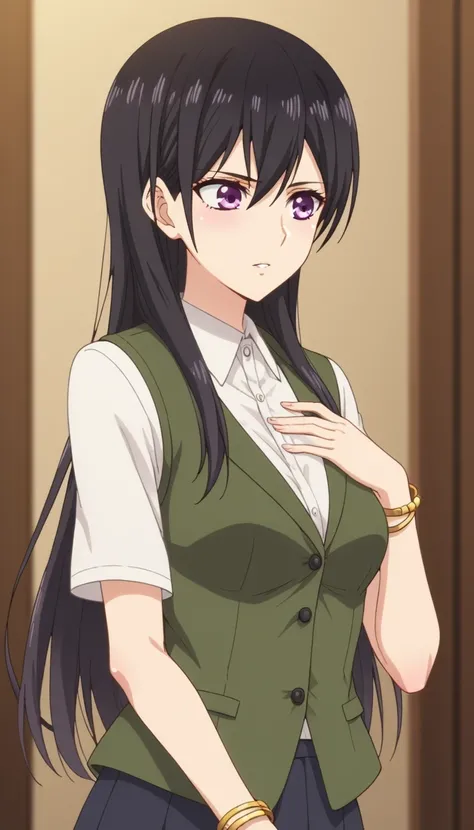 An image of Mei Aihara ,  long hair, black hair, purple eyes, with medium breasts, Falda, shirt, uniform escolar, shirt blanca, mangas cortas, Falda plisada, vest,  squares , Falda a  squares , Falda marrón, bracelet, room , levantando su Falda mostrando s...