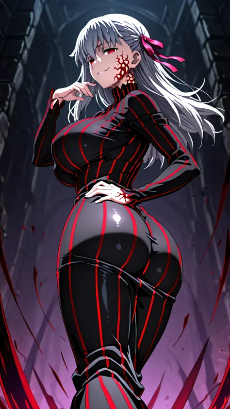 1girl, solo, ,matou sakura , Dark Persona , corruption, striped dress, Black Dress, Turtleneck, gray hair, Red Eyes, , ,ufotable style, ufotable anime.big breasts、big ass、straight long hair,high resolution, masterpiece, necessary, detail, best quality, qua...