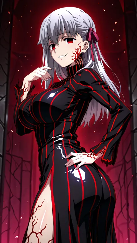 1girl, solo, ,matou sakura , Dark Persona , corruption, striped dress, Black Dress, Turtleneck, gray hair, Red Eyes, , ,ufotable style, ufotable anime.big breasts、big ass、straight long hair,high resolution, masterpiece, necessary, detail, best quality, qua...
