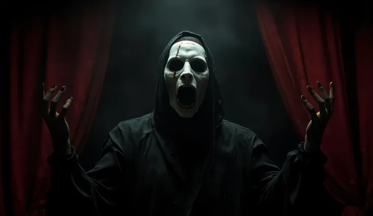 In a cursed theater a ghostly opera singer with a cracked masked and hollow eyes is performing a haunting aria evoking a sense of dread and beauty, hyper realistic, dark and atmospheric, detailed textures.