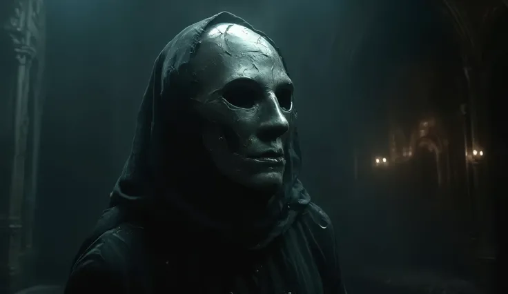 In a cursed theater a ghostly opera singer with a cracked masked and hollow eyes is performing a haunting aria evoking a sense of dread and beauty, hyper realistic, dark and atmospheric, detailed textures.