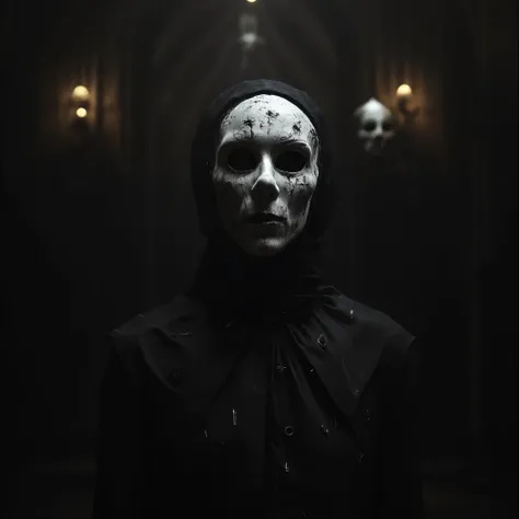 In a cursed theater a ghostly opera singer with a cracked masked and hollow eyes is performing a haunting aria evoking a sense of dread and beauty, hyper realistic, dark and atmospheric, detailed textures.