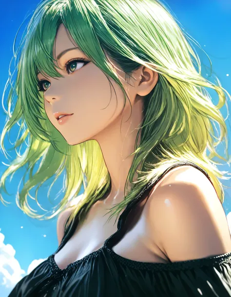 1girl, rydia \(ff4\), nier \(series\), year 2019, upper body, summer, blue sky, masterpiece, high score, great score, absurdres, 16k, Ultra detailed, (photorealistic : 0.5)