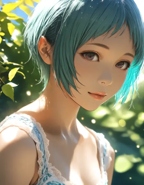 1girl, yamagishi fuuka, nier \(series\), year 2019, upper body, summer, blue sky, masterpiece, high score, great score, absurdres, 16k, Ultra detailed, (photorealistic : 0.5)