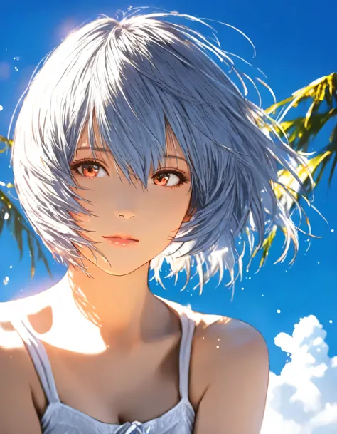 1girl, ayanami rei, nier \(series\), year 2019, upper body, summer, blue sky, masterpiece, high score, great score, absurdres, 16k, Ultra detailed, (photorealistic : 0.5)