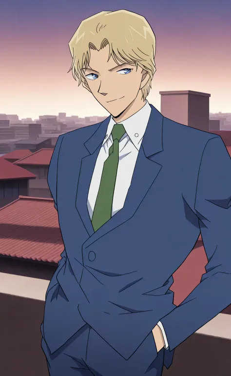 1male,solo,Johan Liebert,blond hair,short hair,blue eyes,smirk,blue suit,white shirt,green necktie,hand in pocket,rooftop,Detective Conan Style