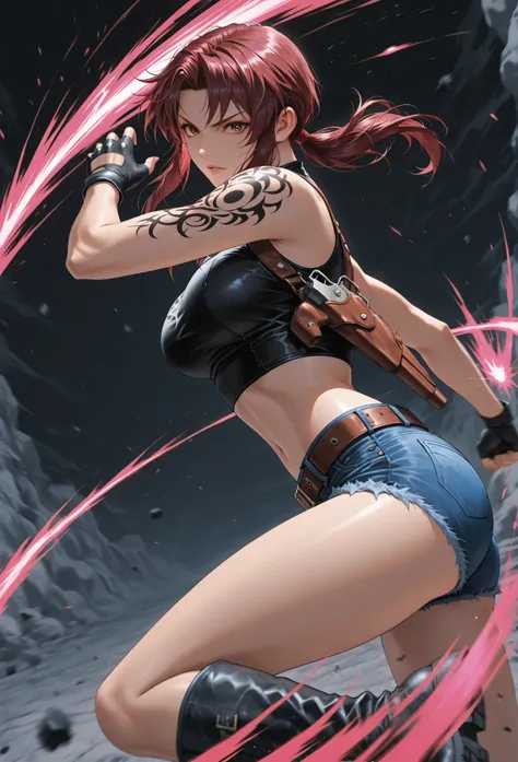 ceiiai rrevyy,ponytail, brown eyes, shoulder tattoo, crop top, short shorts, denim shorts, belt, midriff, fingerless gloves, shoulder holster, low ponytail, black top, round neck,boots,Revy,,748cmstyle,cyborgirl,epic shot on hyperstyled cyberpunked  millit...