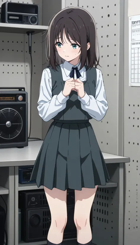 An image of Haruyama Hana, slim body, flushed, shy, fitted school uniform, tight white shirt, mini pleated, collared shirt,  , grey vest, long sleeves, gray skirt, black socks, detention ,   , Radio room , holding her blue lace panties with her hands 