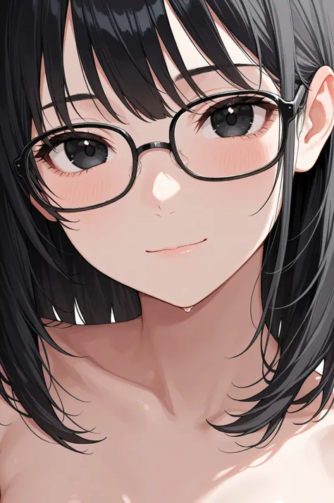 score_9, score_8_up, score_7_up,source_anime, high res image,masterpiece,best quality,girl,cute face,clear skin,black hair,black eyes,medium hair,glasses,close up,topless,light smile,