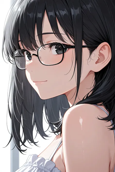 score_9, score_8_up, score_7_up,source_anime, high res image,masterpiece,best quality,girl,cute face,clear skin,black hair,black eyes,medium hair,glasses,close up,light smile,dress,