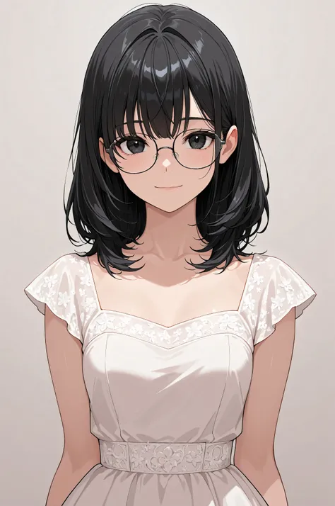 score_9, score_8_up, score_7_up,source_anime, high res image,masterpiece,best quality,girl,cute face,clear skin,black hair,black eyes,medium hair,glasses,close up,light smile,beautifull dress,