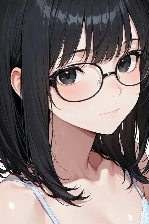 score_9, score_8_up, score_7_up,source_anime, high res image,masterpiece,best quality,girl,cute face,clear skin,black hair,black eyes,medium hair,glasses,close up,light smile,cute underwear,