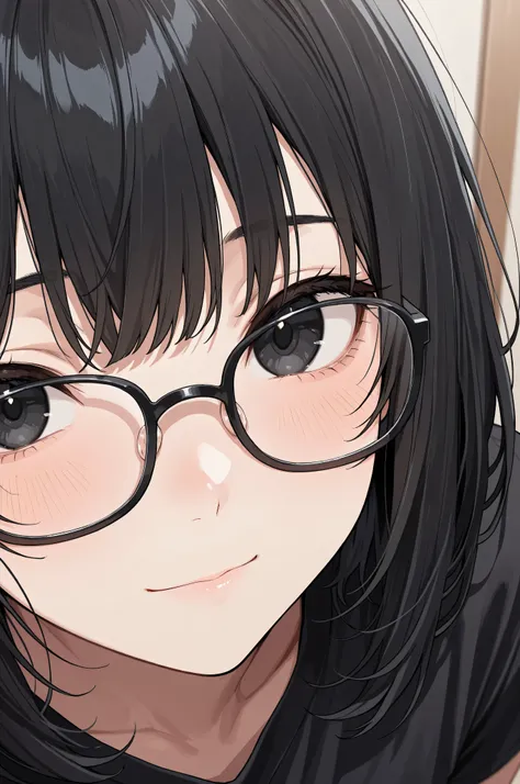 score_9, score_8_up, score_7_up,source_anime, high res image,masterpiece,best quality,girl,cute face,clear skin,black hair,black eyes,medium hair,glasses,close up,light smile,black shirt,