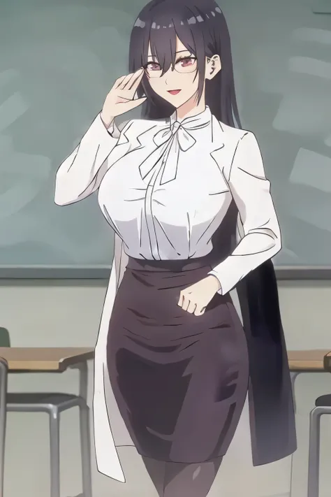 Woman with long black hair，naked eyed woman，Big breasts but a small waist，Beautiful legs，Sexy 30 year old，Can you draw a teacher in front of the blackboard， wellaware ，Wears a dark blue business suit，Dark Blue Tight Skirt，high heels，，accurately depict her ...