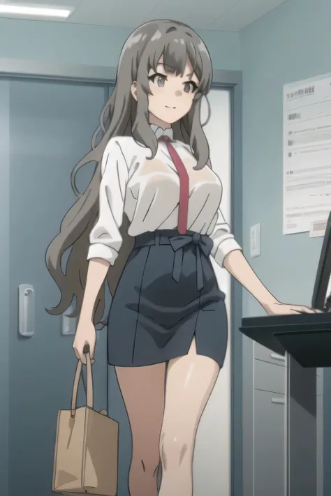 Can you draw a naked eyed woman，Big breasts but a small waist，women with nice smilesをさらに繊細に描いて下さい，dark blue micro mini skirt，white blouse，,even with big breasts and a thin waist，，OL ，black hair long hair，Please draw a more delicate expression，women with ni...