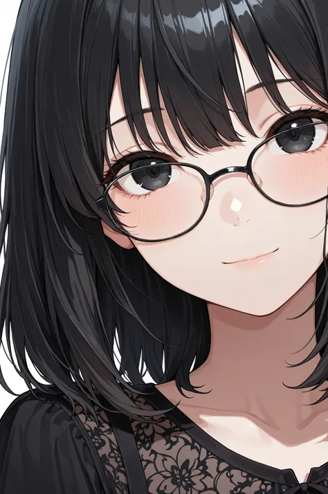score_9, score_8_up, score_7_up,source_anime, high res image,masterpiece,best quality,girl,cute face,clear skin,black hair,black eyes,medium hair,glasses,close up,light smile,black dress,