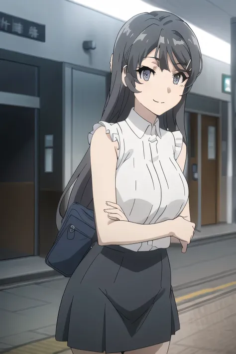 resting on a park bench，こちらを見て微笑んでいるnice smileの女性，big boobsと更にbig boobsを描いてください，a cop wearing a miniskirt，a woman with long dark hair ，A face is absolutely necessary，Sleeveless black woolen sweater，Hide your chest with a costume，High socks on my feet，Accur...