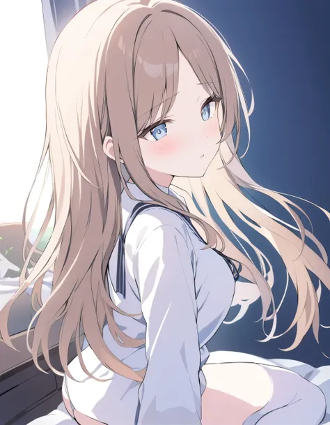 only one girl ，棕色的 hair,   long hair,  （ blue eyes :1.5), (  medium bust :1.2)，
underwear, thigh,  White_underwear,underwear， Long_hair, Chest,  White睡衣，The pajamas are not fastened when the arms are extended ，Open pajamas，Umbilical cord， Bare Belly，  Clos...