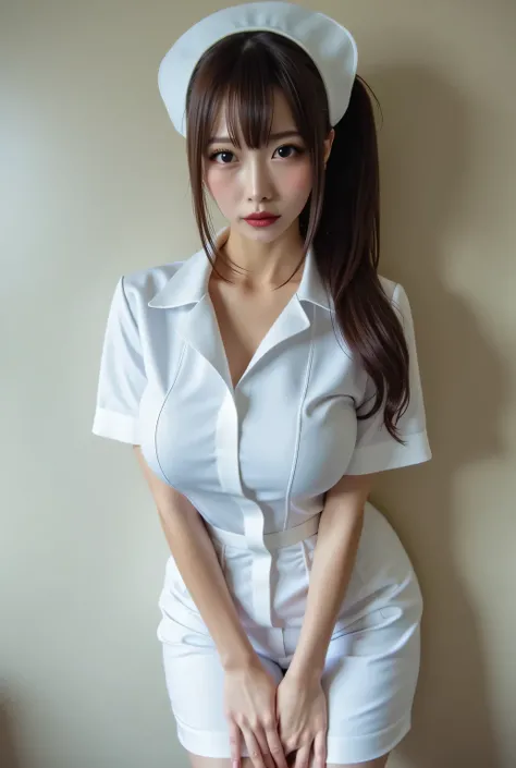 Big breasted Japanese nurse. An asymmetrical hairstyle with one side swept back.