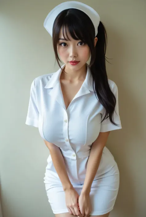 Big breasted Japanese nurse. An asymmetrical hairstyle with one side swept back.