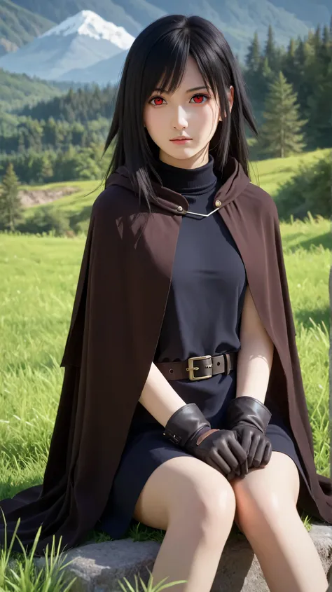 1girl, solo,hikari uchiha,black hair,long hair,outdoors,potrait,(wear cloak:1.5),small breast,mountain background,red eyes,forest background,(grass land:1.5),(close up:1.3),(front view), looking at viewer,bare shoulders,black glove,brown cloak,black shirt,...