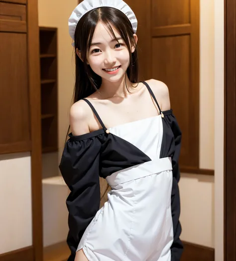 Maid,missionary position, cute pretty girl, smile, slender body, Beautiful Japanese junior high school student with shoulder, white skin, skinny